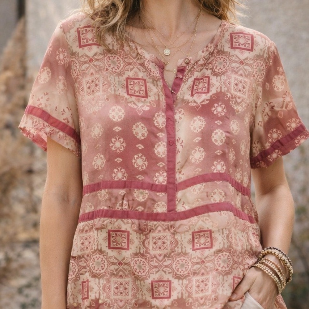 Johnny Was Silk Blend Bandana Print Blouse Pink Boho Top Size S